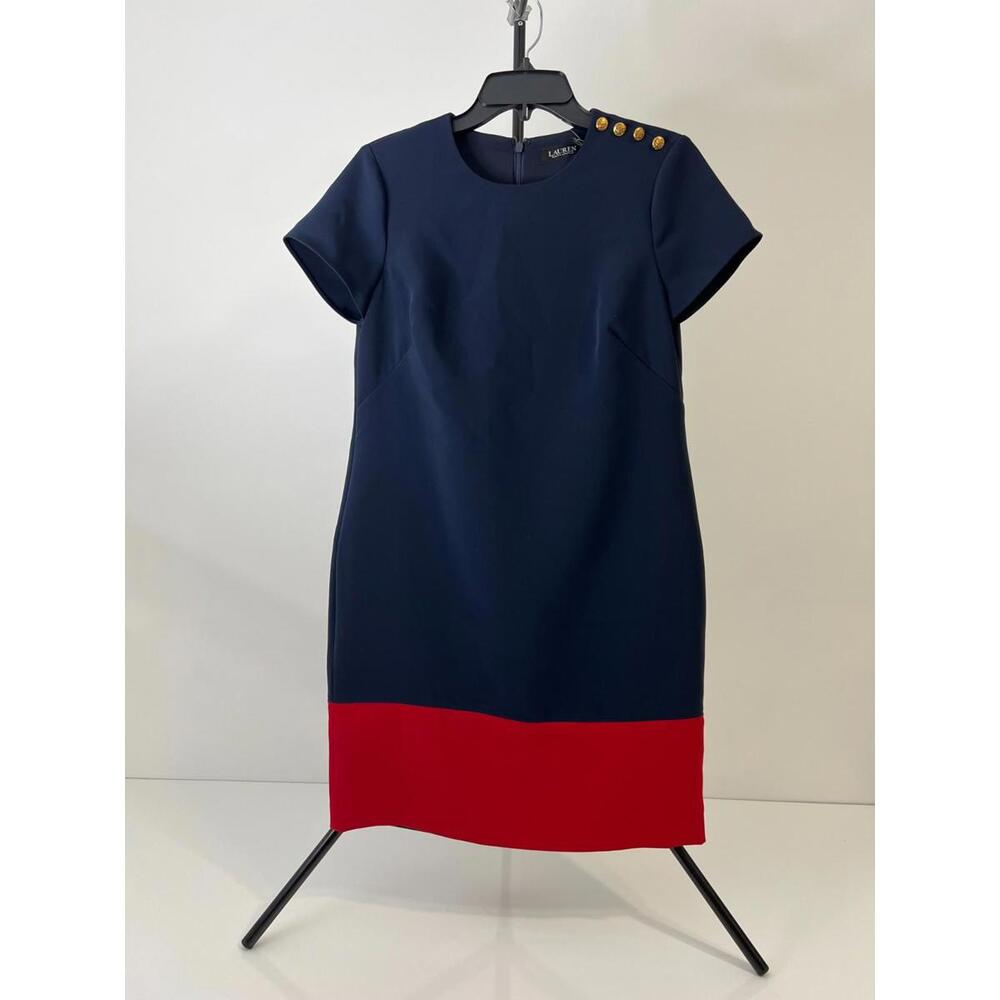 Lauren Ralph Lauren Two-Tone Button-Trim Crepe Shift Dress Women's Dress, Size 4